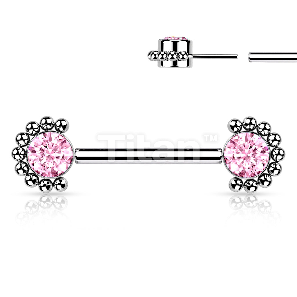 Implant Grade Titanium Threadless Push in Nipple Barbell With Forward Facing Bezel Set CZ or Opal and Beaded Ball Edge Ends - Image 8