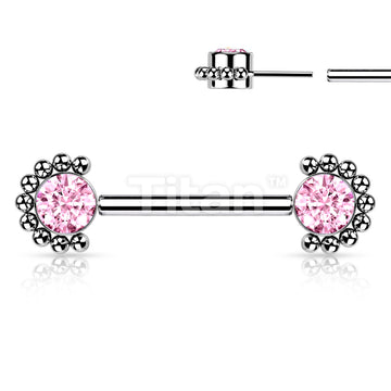 Implant Grade Titanium Threadless Push in Nipple Barbell With Forward Facing Bezel Set CZ or Opal and Beaded Ball Edge Ends - Image 8