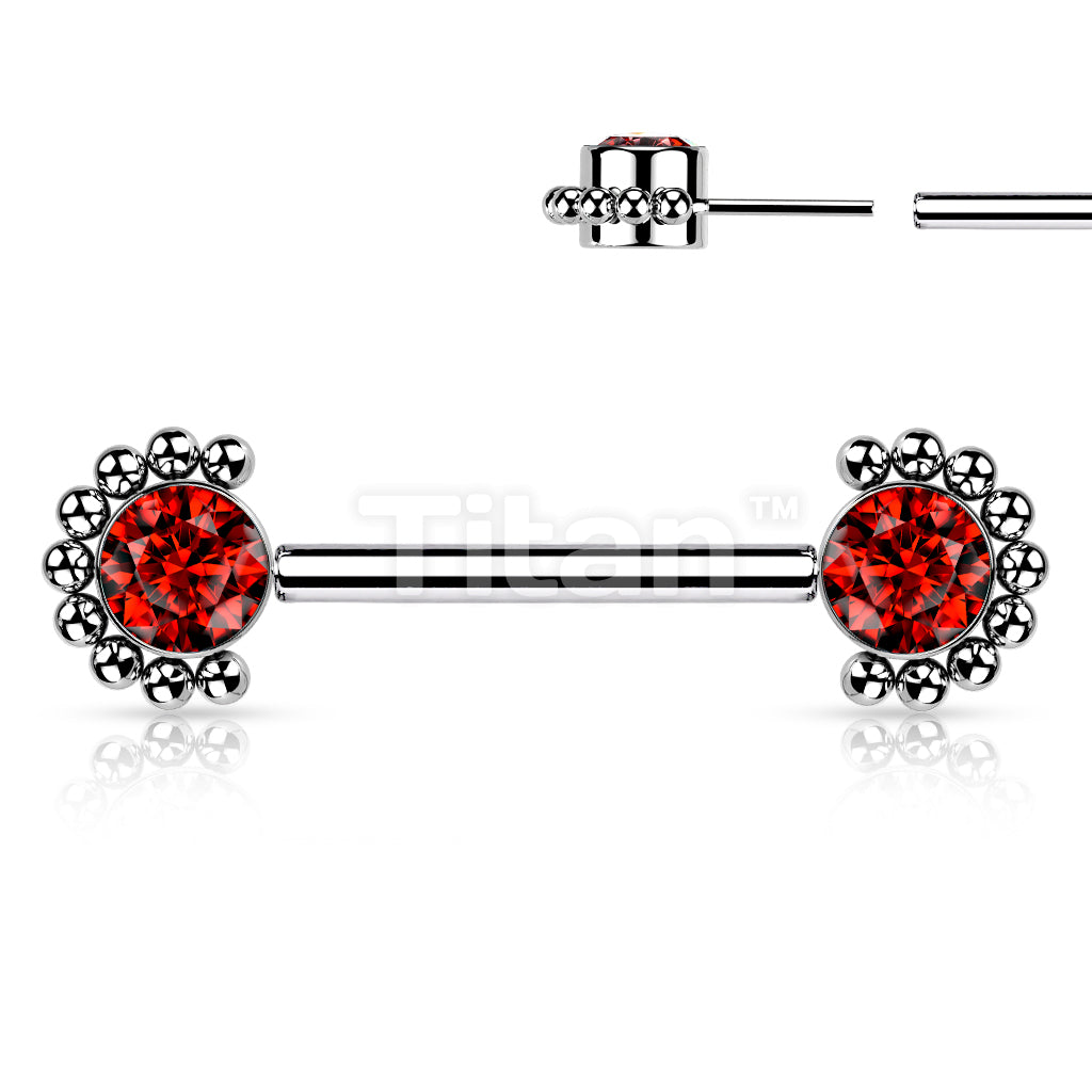 Implant Grade Titanium Threadless Push in Nipple Barbell With Forward Facing Bezel Set CZ or Opal and Beaded Ball Edge Ends - Image 9