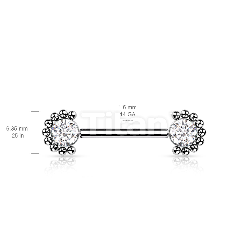 Implant Grade Titanium Threadless Push in Nipple Barbell With Forward Facing Bezel Set CZ or Opal and Beaded Ball Edge Ends - Image 10