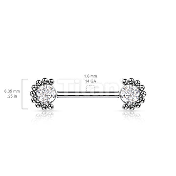 Implant Grade Titanium Threadless Push in Nipple Barbell With Forward Facing Bezel Set CZ or Opal and Beaded Ball Edge Ends - Image 10