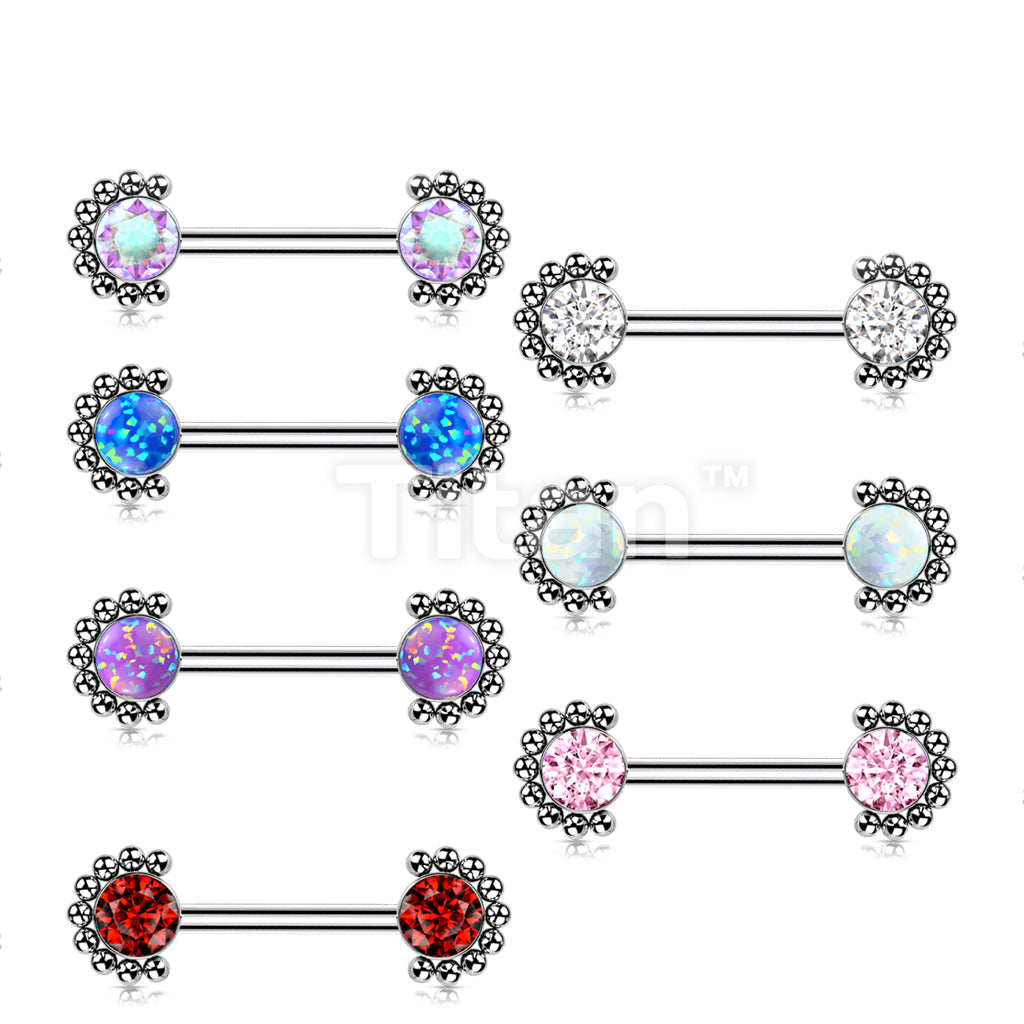 Implant Grade Titanium Threadless Push in Nipple Barbell With Forward Facing Bezel Set CZ or Opal and Beaded Ball Edge Ends - Image 11