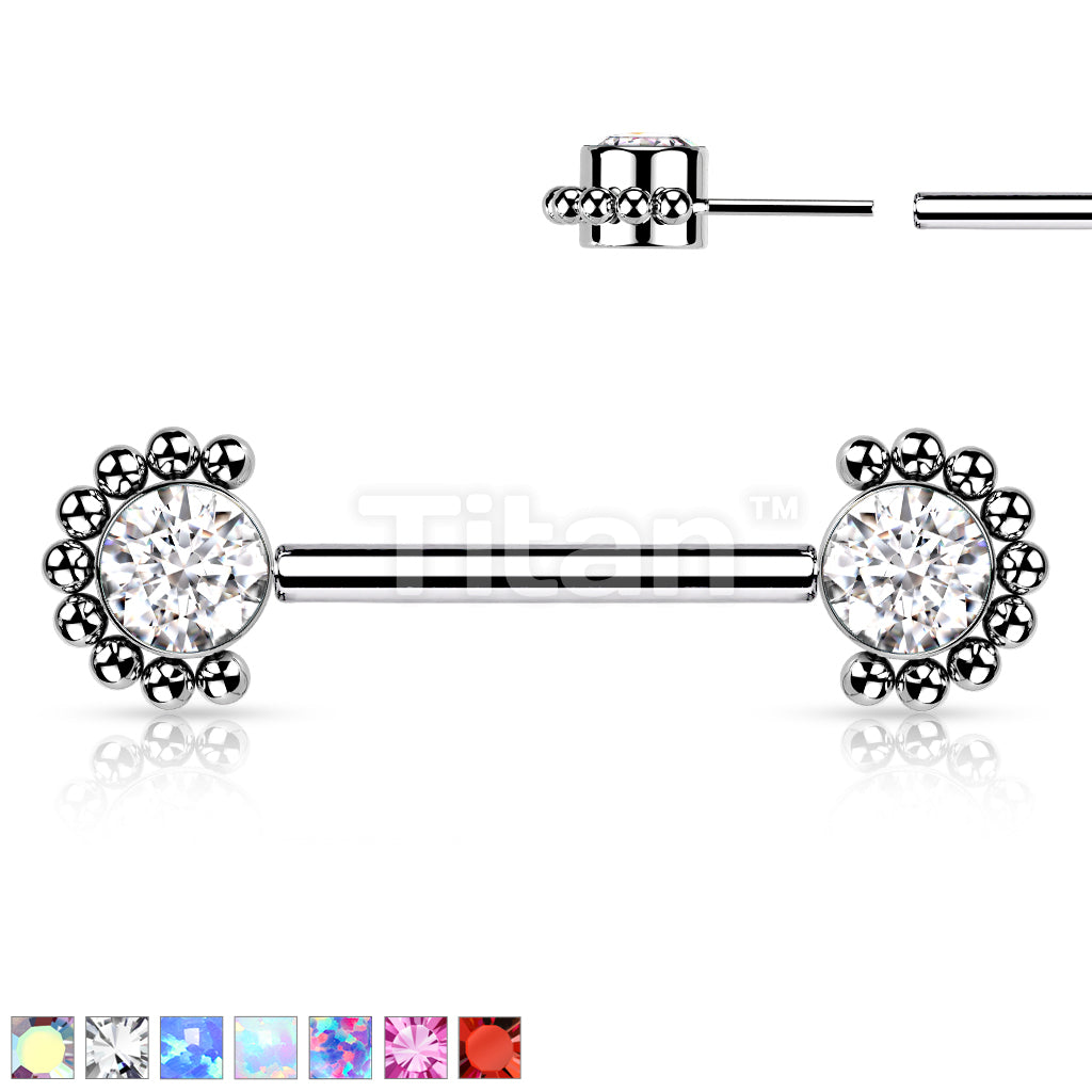 Implant Grade Titanium Threadless Push in Nipple Barbell With Forward Facing Bezel Set CZ or Opal and Beaded Ball Edge Ends - Image 2