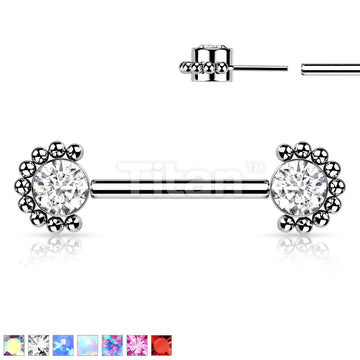 Implant Grade Titanium Threadless Push in Nipple Barbell With Forward Facing Bezel Set CZ or Opal and Beaded Ball Edge Ends - Image 2