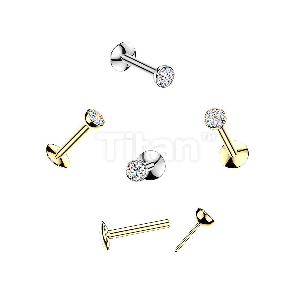 Titanium Threadless Push In Convex Base Labret With Bezel Set CZ Ball Top