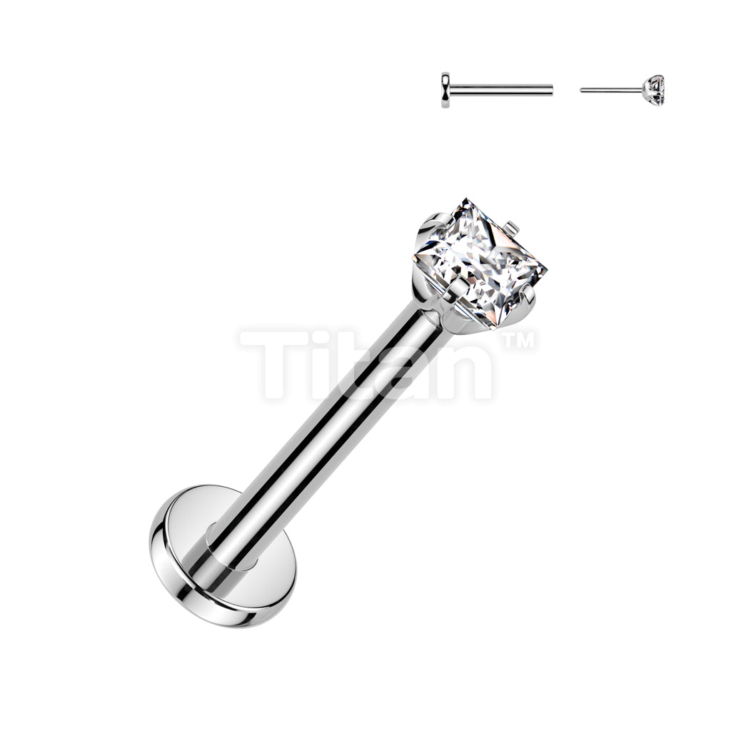 Implant Grade Titanium Threadless Push In Labret With Prong Set Square CZ Top - Image 2