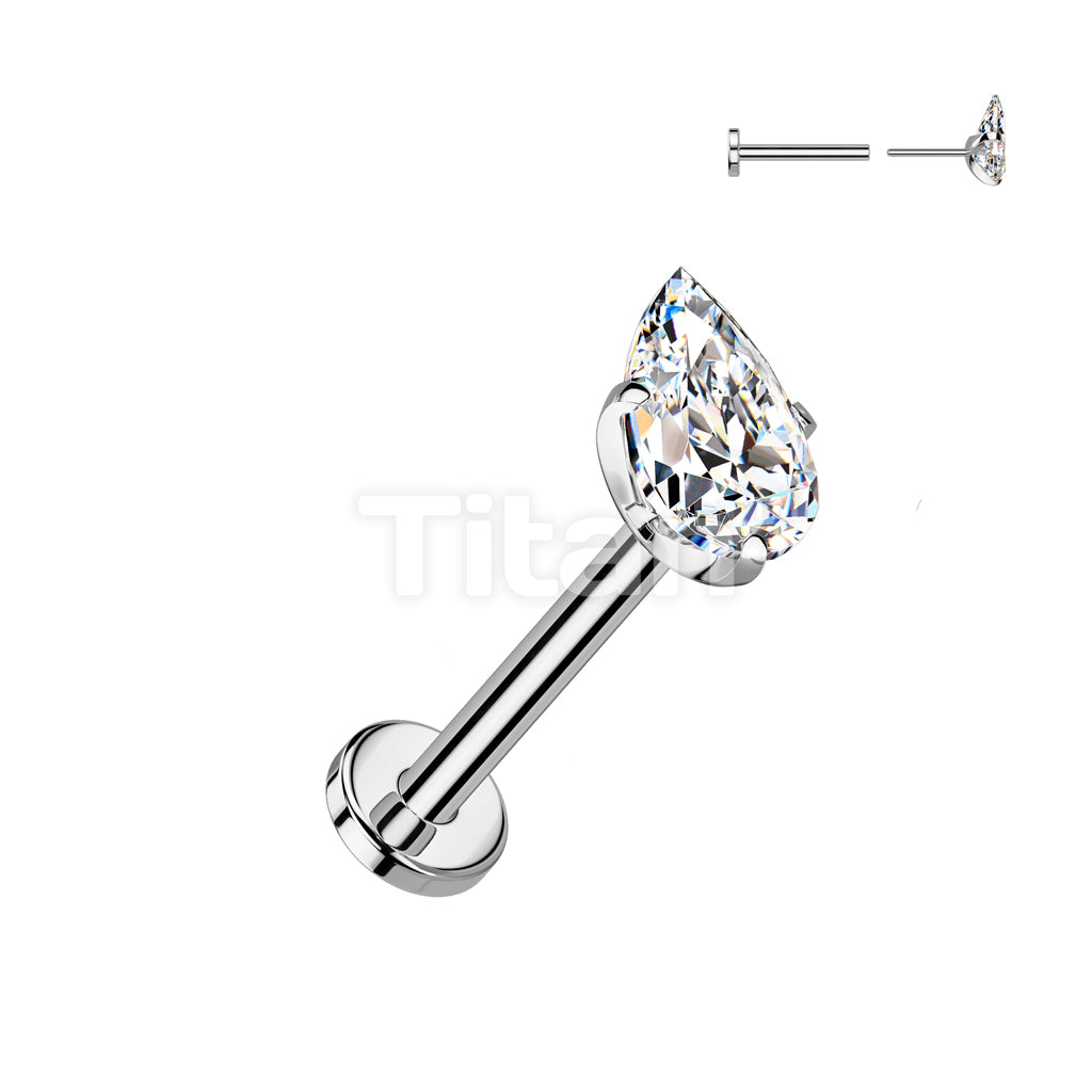 Implant Grade Titanium Threadless Push In Flat Back Stud With Prong Set Teardrop CZ Top - Image 3