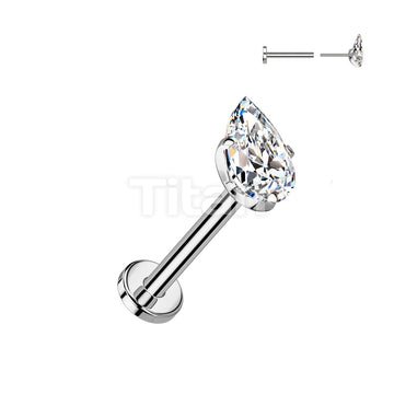 Implant Grade Titanium Threadless Push In Flat Back Stud With Prong Set Teardrop CZ Top - Image 3