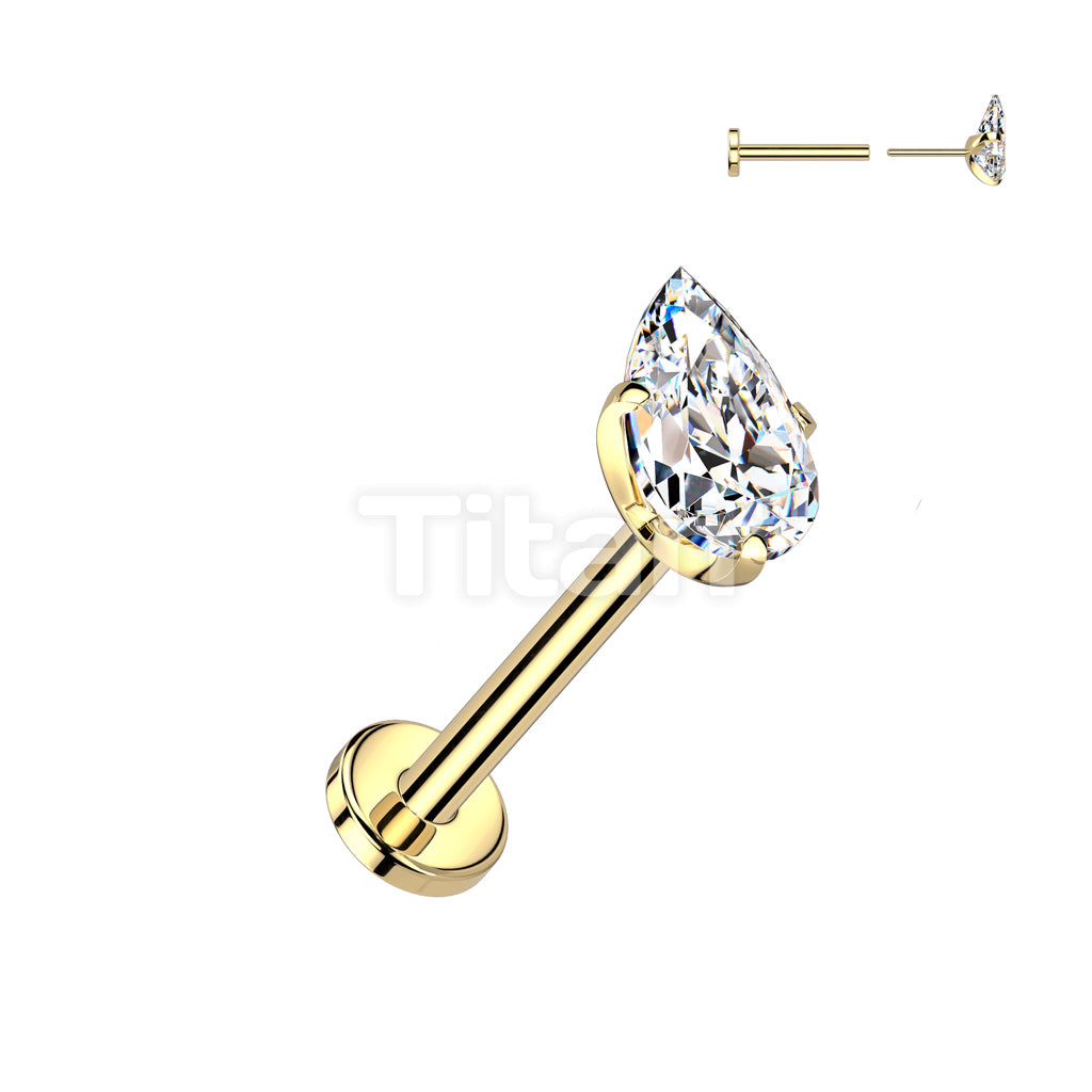 Implant Grade Titanium Threadless Push In Flat Back Stud With Prong Set Teardrop CZ Top - Image 4