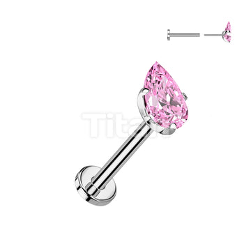 Implant Grade Titanium Threadless Push In Flat Back Stud With Prong Set Teardrop CZ Top - Image 5