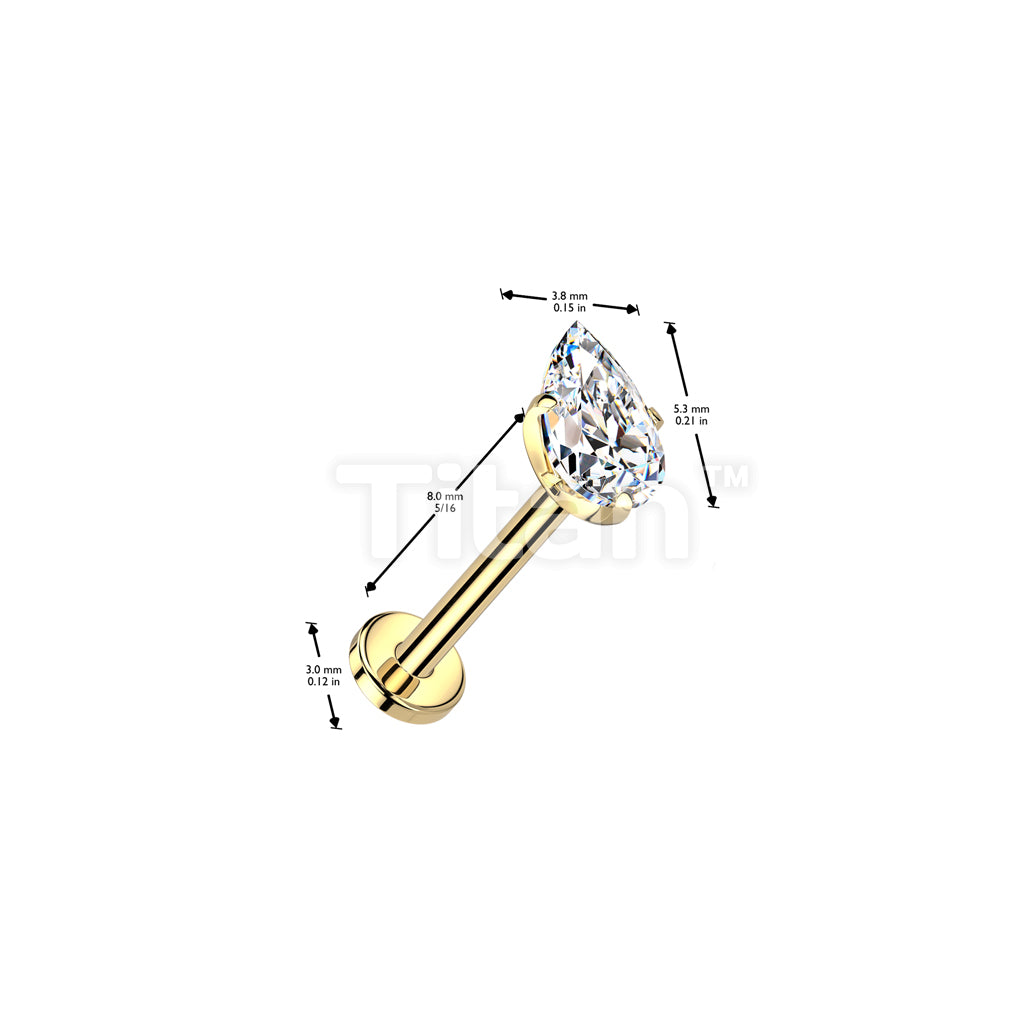 Implant Grade Titanium Threadless Push In Flat Back Stud With Prong Set Teardrop CZ Top - Image 8