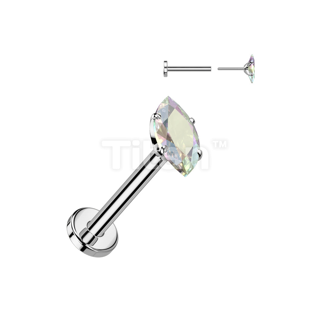 Implant Grade Titanium Threadless Push In Flat Back Stud With Prong Set Marquise CZ Top - Image 2