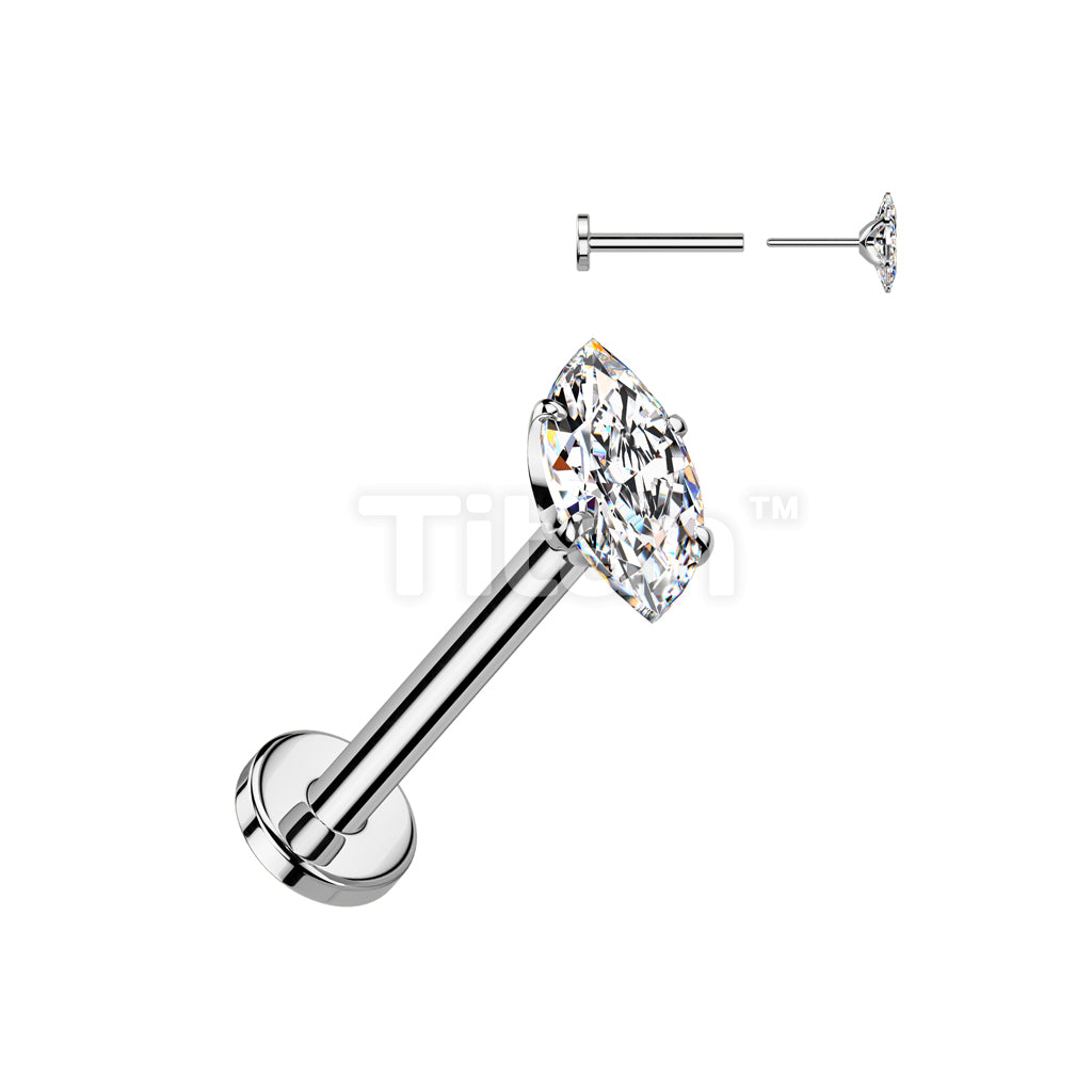 Implant Grade Titanium Threadless Push In Flat Back Stud With Prong Set Marquise CZ Top - Image 3