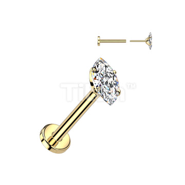 Implant Grade Titanium Threadless Push In Flat Back Stud With Prong Set Marquise CZ Top - Image 4