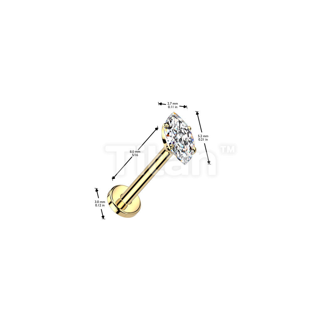 Implant Grade Titanium Threadless Push In Flat Back Stud With Prong Set Marquise CZ Top - Image 8