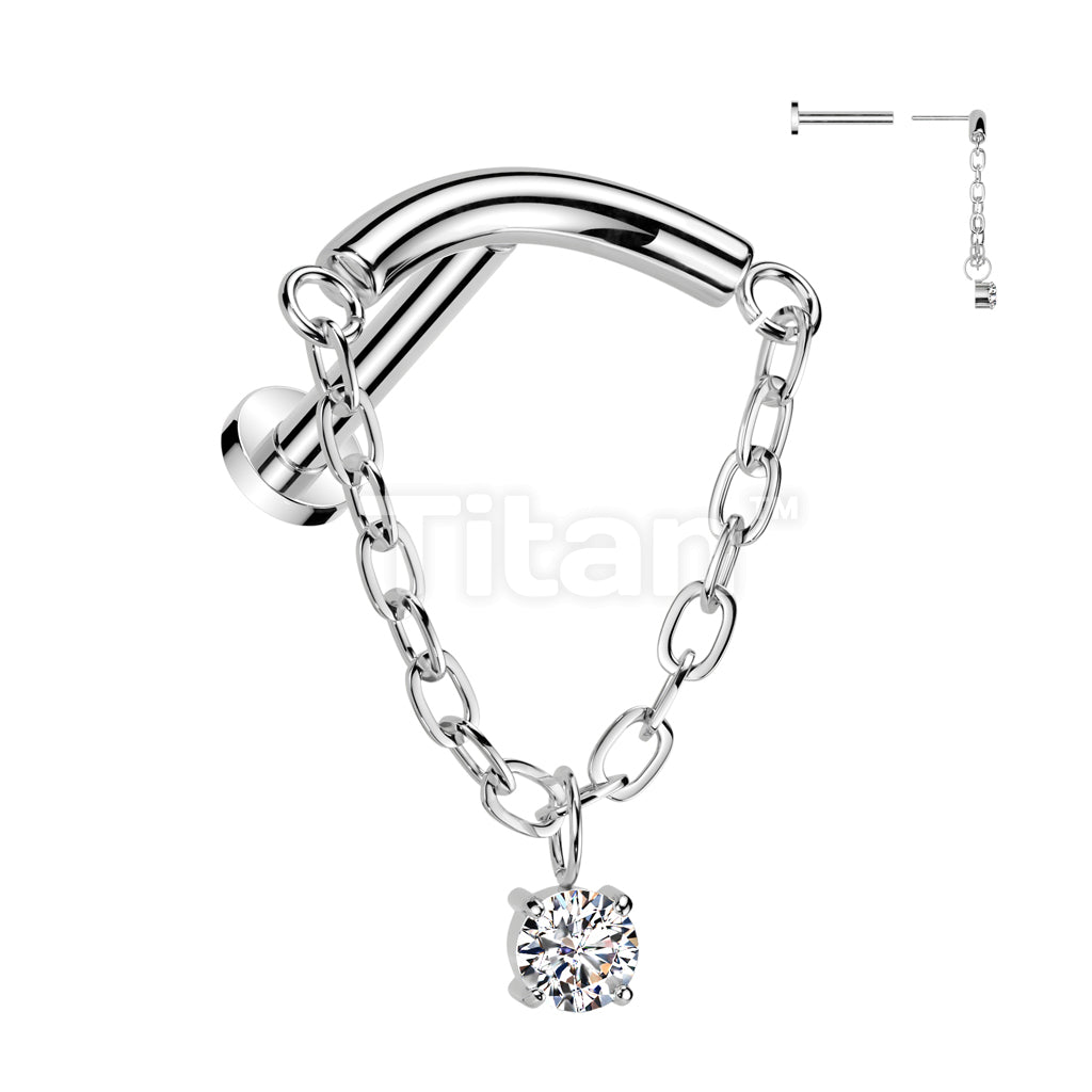 Implant Grade Titanium Threadless Push In Labret With Chain Linked Curved Bar and CZ Dangle Top - Image 2
