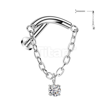 Implant Grade Titanium Threadless Push In Labret With Chain Linked Curved Bar and CZ Dangle Top - Image 2