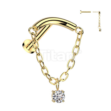 Implant Grade Titanium Threadless Push In Labret With Chain Linked Curved Bar and CZ Dangle Top - Image 3
