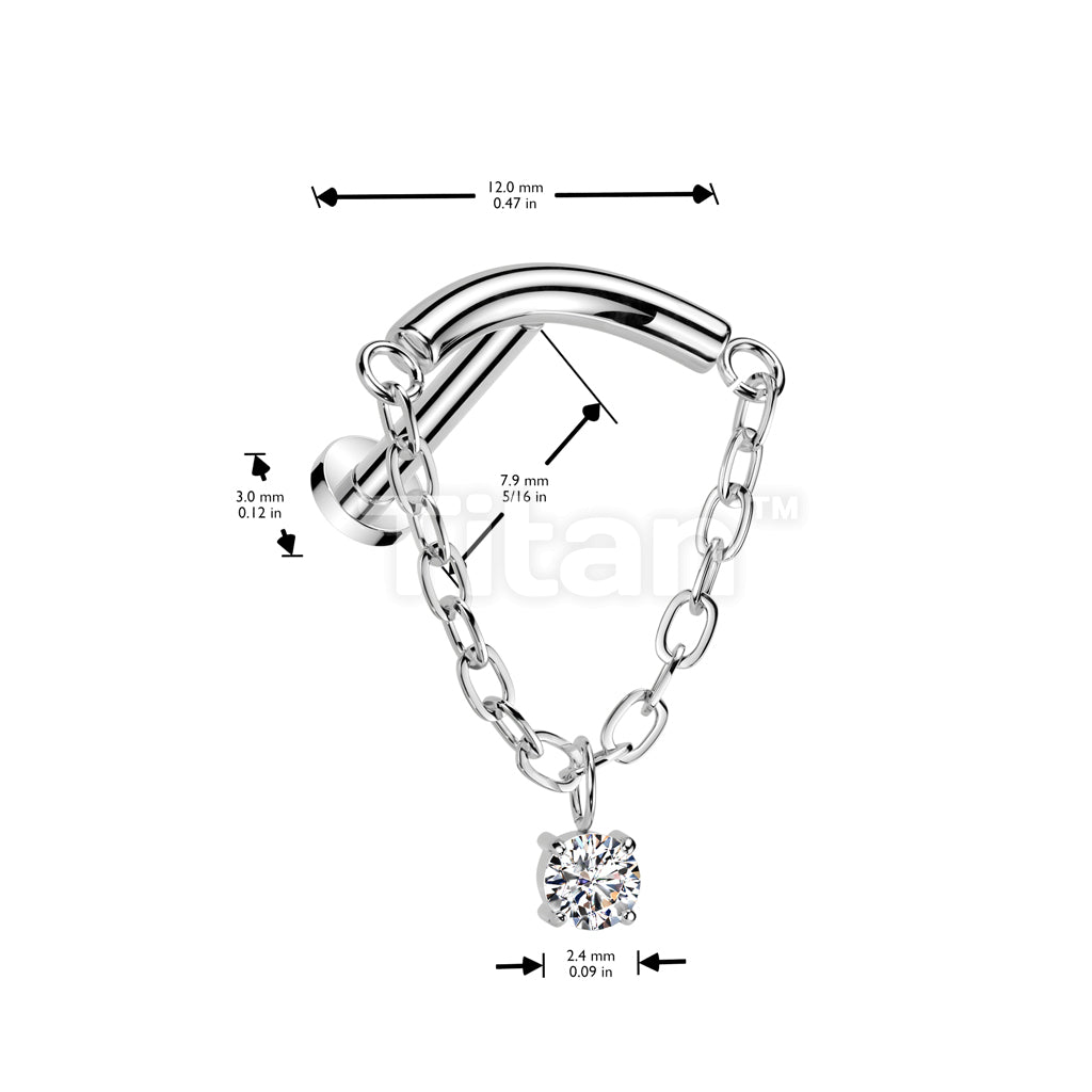 Implant Grade Titanium Threadless Push In Labret With Chain Linked Curved Bar and CZ Dangle Top - Image 4