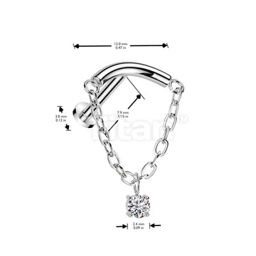 Implant Grade Titanium Threadless Push In Labret With Chain Linked Curved Bar and CZ Dangle Top - Image 4