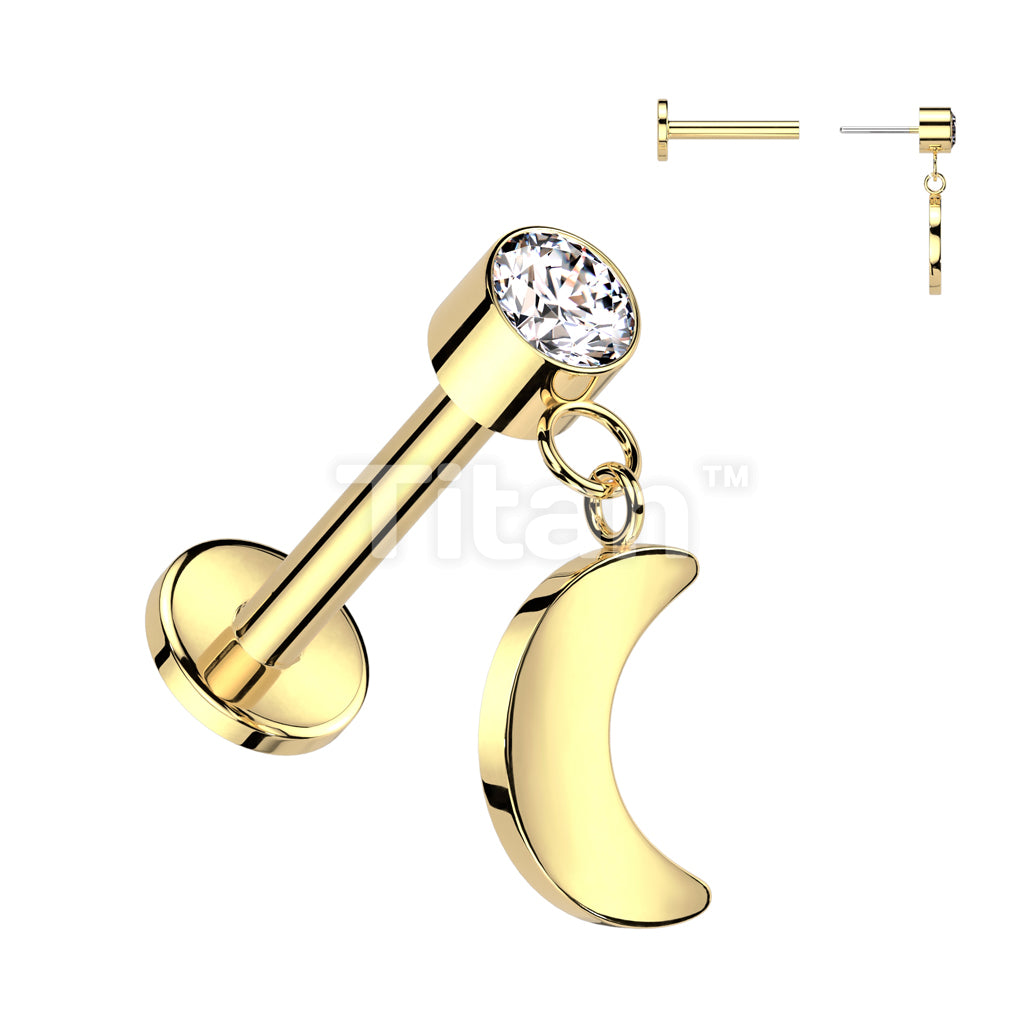 Implant Grade Titanium Threadless Push In Labret With Round Bezel Set CZ and Crescent Moon Dangle Top - Image 2