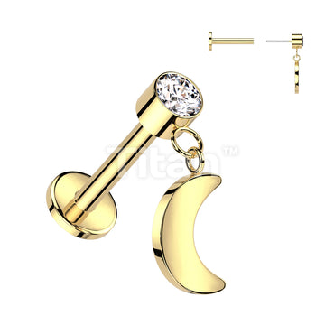 Implant Grade Titanium Threadless Push In Labret With Round Bezel Set CZ and Crescent Moon Dangle Top - Image 2