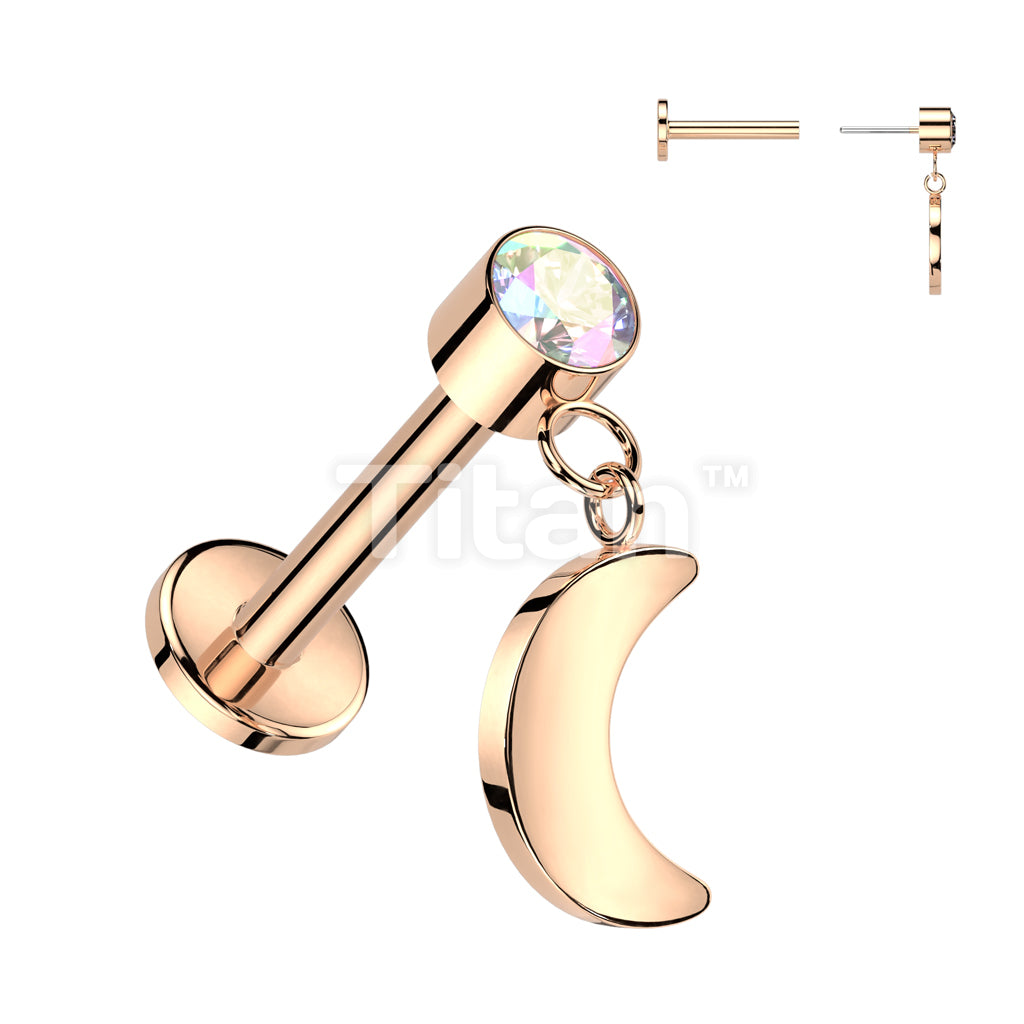 Implant Grade Titanium Threadless Push In Labret With Round Bezel Set CZ and Crescent Moon Dangle Top - Image 4