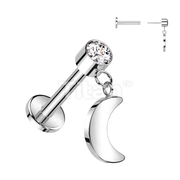 Implant Grade Titanium Threadless Push In Labret With Round Bezel Set CZ and Crescent Moon Dangle Top - Image 5
