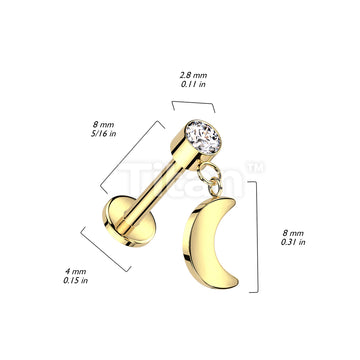 Implant Grade Titanium Threadless Push In Labret With Round Bezel Set CZ and Crescent Moon Dangle Top - Image 6