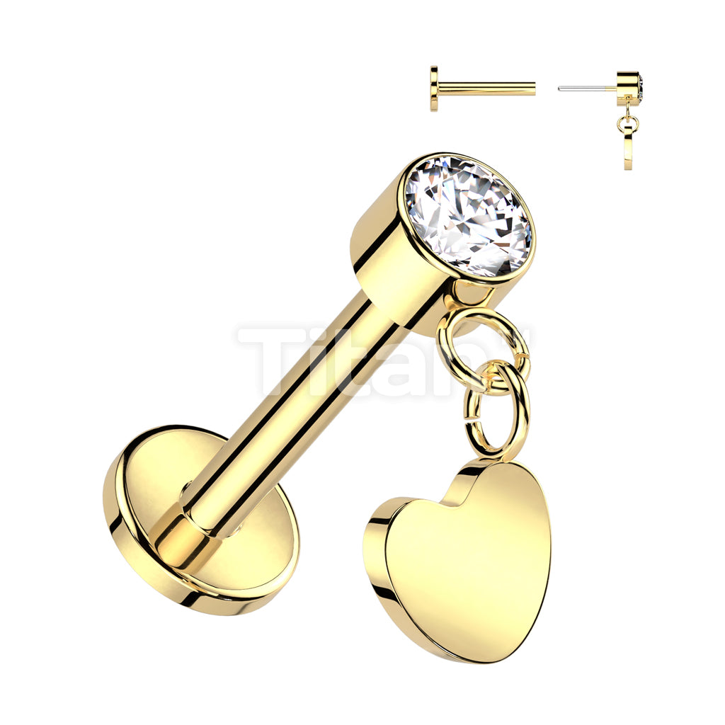 Implant Grade Titanium Threadless Push In Labret With Round Bezel Set CZ With Heart Dangle Top - Image 2