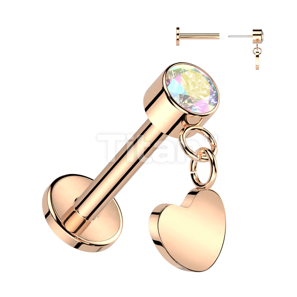 Implant Grade Titanium Threadless Push In Labret With Round Bezel Set CZ With Heart Dangle Top - Image 4