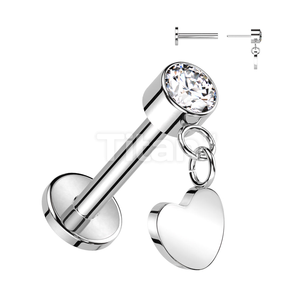 Implant Grade Titanium Threadless Push In Labret With Round Bezel Set CZ With Heart Dangle Top - Image 5