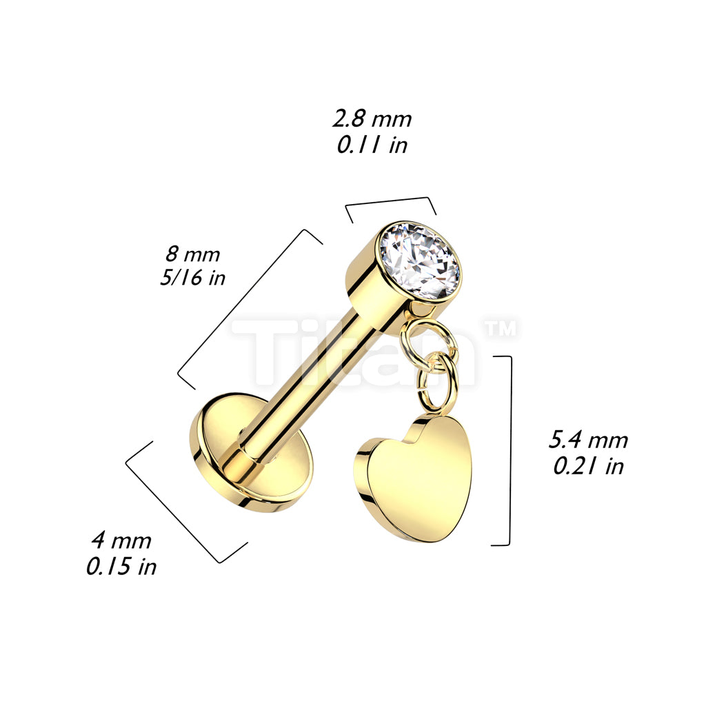 Implant Grade Titanium Threadless Push In Labret With Round Bezel Set CZ With Heart Dangle Top - Image 6