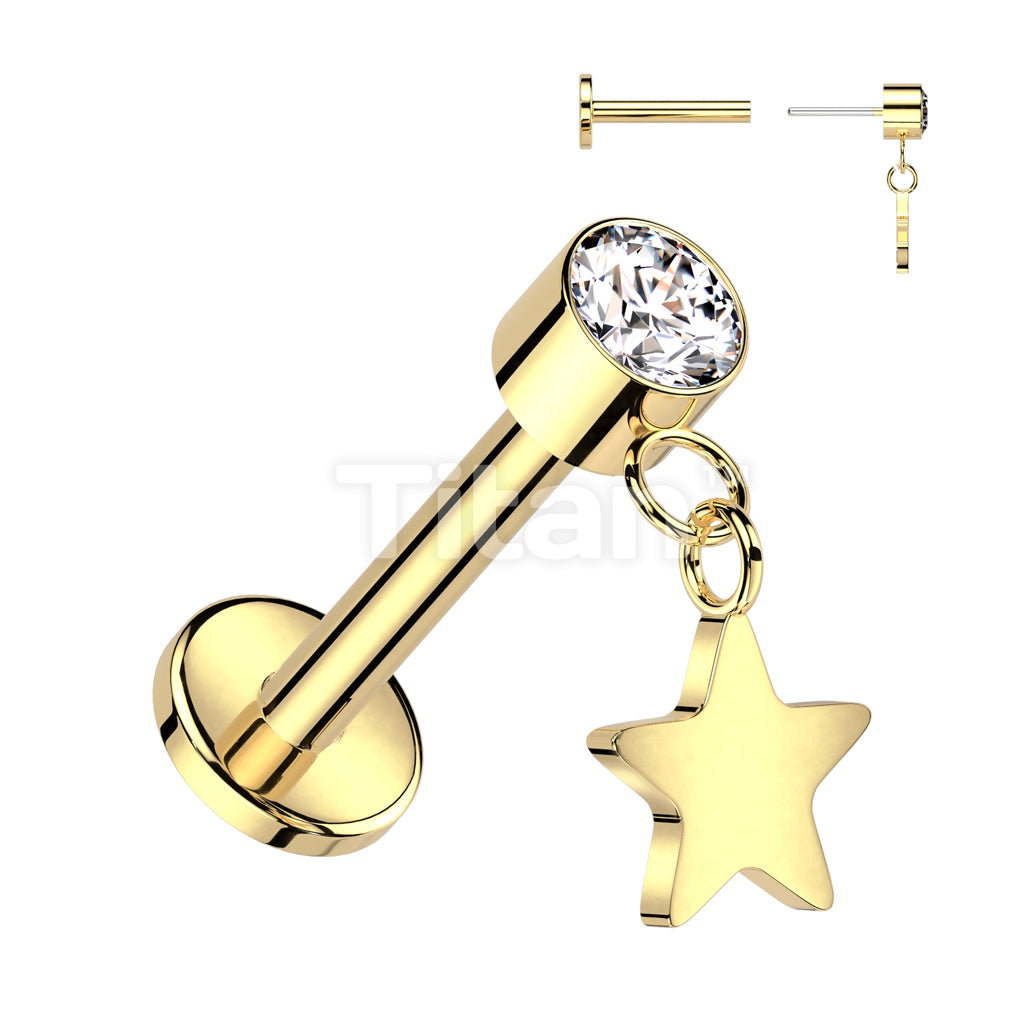 Implant Grade Titanium Threadless Push In Labret With Round Bezel Set CZ and Star Dangle Top - Image 2