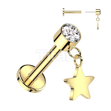 Implant Grade Titanium Threadless Push In Labret With Round Bezel Set CZ and Star Dangle Top - Image 2