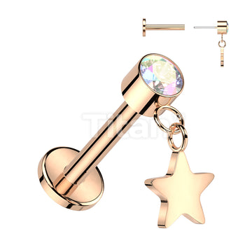 Implant Grade Titanium Threadless Push In Labret With Round Bezel Set CZ and Star Dangle Top - Image 4