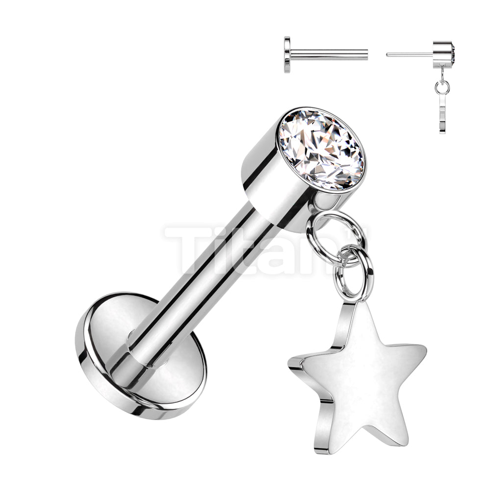 Implant Grade Titanium Threadless Push In Labret With Round Bezel Set CZ and Star Dangle Top - Image 5