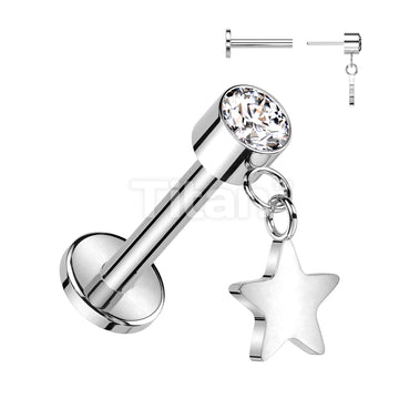Implant Grade Titanium Threadless Push In Labret With Round Bezel Set CZ and Star Dangle Top - Image 5
