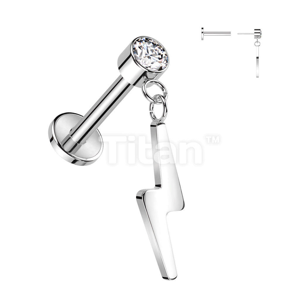 Implant Grade Titanium Threadless Push In Labret With Round Bezel Set CZ and Lightning Bolt Dangle Top - Image 2