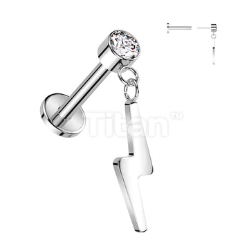 Implant Grade Titanium Threadless Push In Labret With Round Bezel Set CZ and Lightning Bolt Dangle Top - Image 2