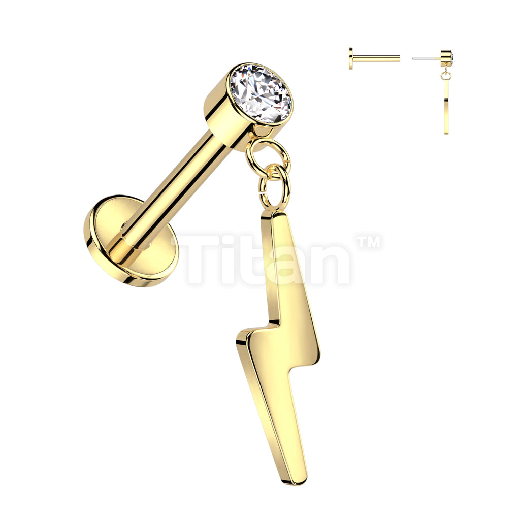 Implant Grade Titanium Threadless Push In Labret With Round Bezel Set CZ and Lightning Bolt Dangle Top - Image 3