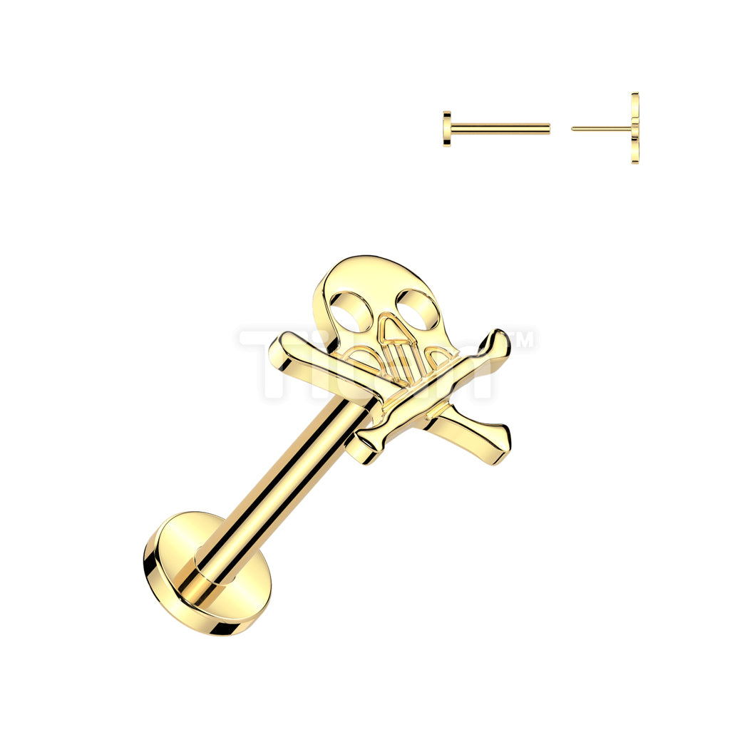 Implant Grade Titanium Threadless Push In Labret With Skull And Crossbones Top - Image 2