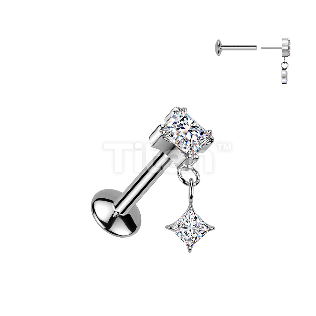 Implant Grade Titanium Threadless Push In Convex Base Labret Stud With Prong Set Diamond CZ Top and Diamond CZ Dangle - Image 2