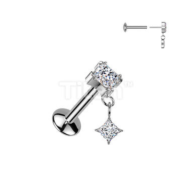 Implant Grade Titanium Threadless Push In Convex Base Labret Stud With Prong Set Diamond CZ Top and Diamond CZ Dangle - Image 2