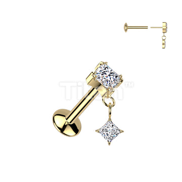 Implant Grade Titanium Threadless Push In Convex Base Labret Stud With Prong Set Diamond CZ Top and Diamond CZ Dangle - Image 3