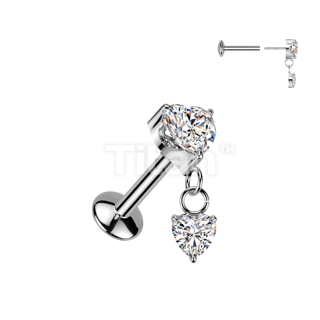 Implant Grade Titanium Threadless Push In Convex Base Labret Stud With Prong Set Heart CZ Top With Prong Set Heart CZ Dangle - Image 2
