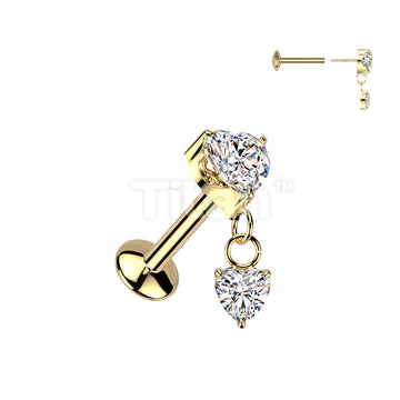 Implant Grade Titanium Threadless Push In Convex Base Labret Stud With Prong Set Heart CZ Top With Prong Set Heart CZ Dangle - Image 3