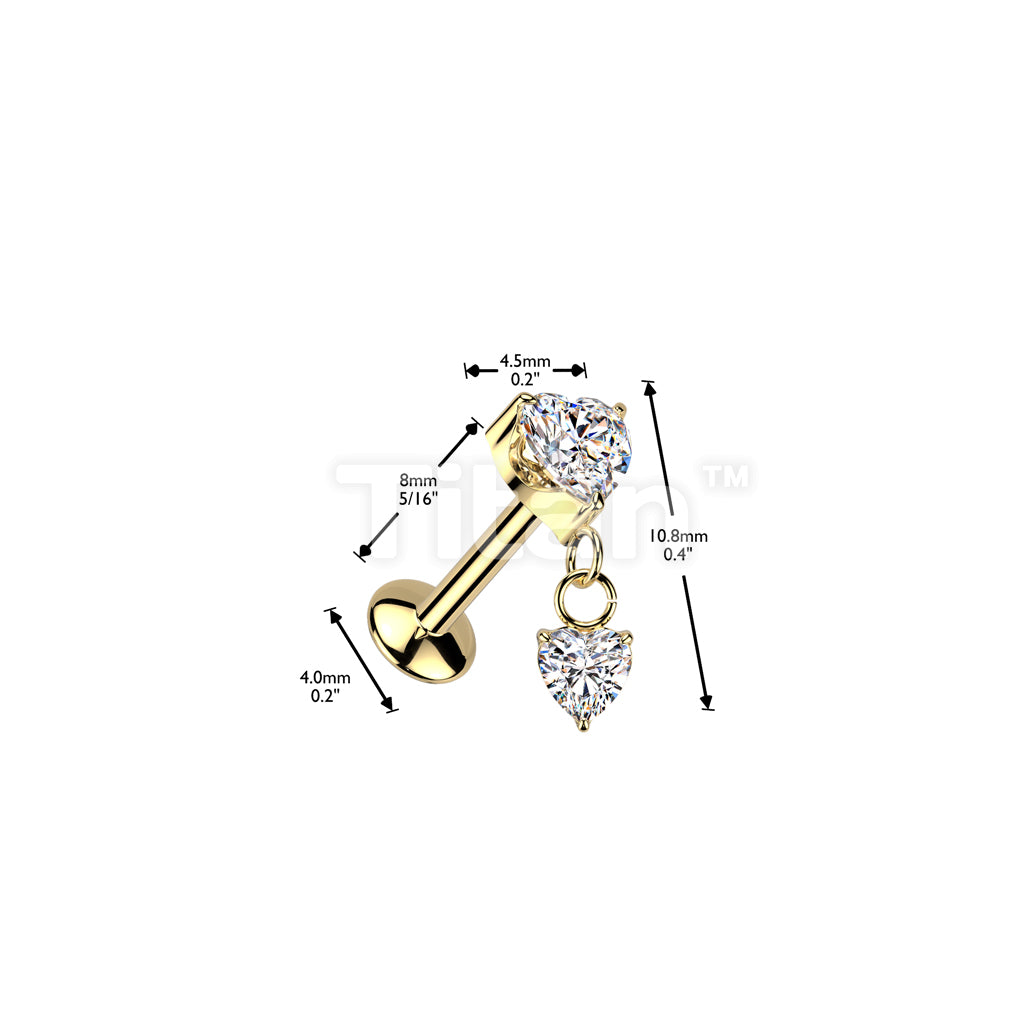 Implant Grade Titanium Threadless Push In Convex Base Labret Stud With Prong Set Heart CZ Top With Prong Set Heart CZ Dangle - Image 4