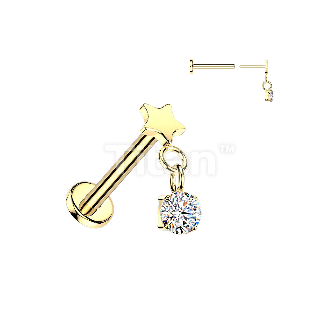 Titanium Threadless Push In Flat Back Labret With Flat Star Top And Round CZ Dangle - Image 2