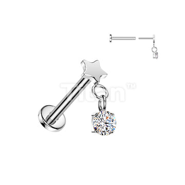 Titanium Threadless Push In Flat Back Labret With Flat Star Top And Round CZ Dangle - Image 3